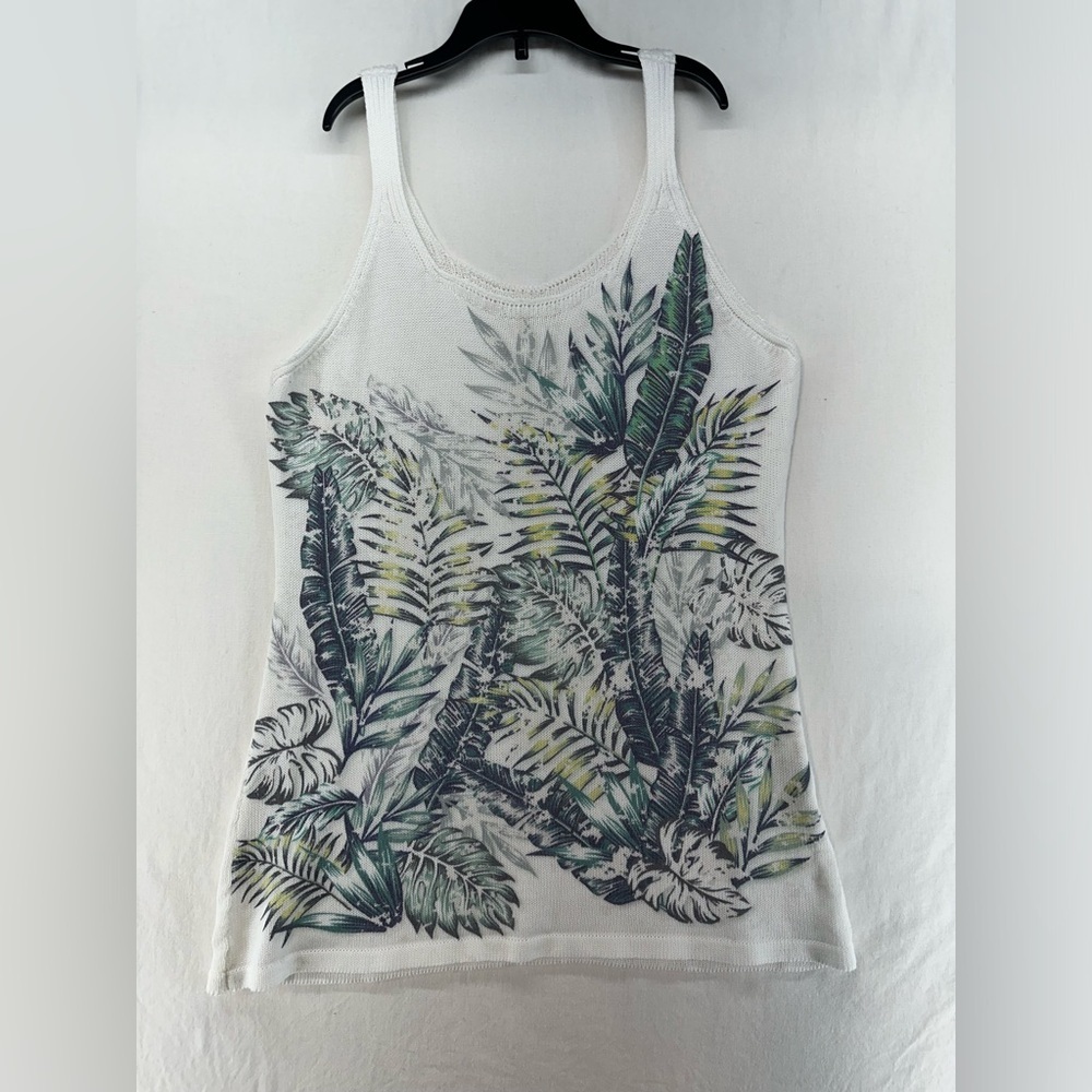 M. Rena Knit Painted Hawaiian Tropical Tank Top White Blue Green Womens Size S‎